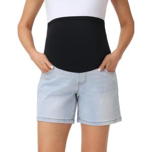 image:imageFoucome Womens Maternity Jean Shorts Over Belly Trendy Stretchy Denim Shorts Summer Pregnancy ShortsLight Blue