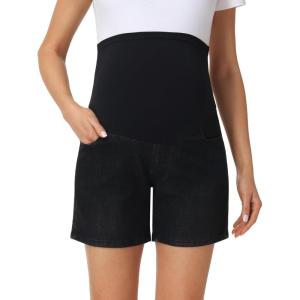 image:imageFoucome Womens Maternity Jean Shorts Over Belly Trendy Stretchy Denim Shorts Summer Pregnancy ShortsWash Black