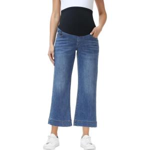 image:imageFoucome Womens Maternity Jeans Wide Leg Trendy Cropped Denim Pants Stretchy Baggy Pregnancy Capris JeansDark Blue
