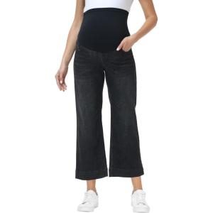 image:imageFoucome Womens Maternity Jeans Wide Leg Trendy Cropped Denim Pants Stretchy Baggy Pregnancy Capris JeansWash Black