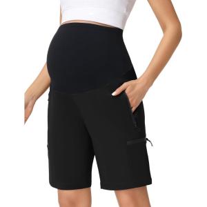 image:imageFoucome Womens Maternity Shorts Quick Dry Lightweight Pregnancy Athletic Workout Hiking Cargo Shorts with Zipper PocketsBlack