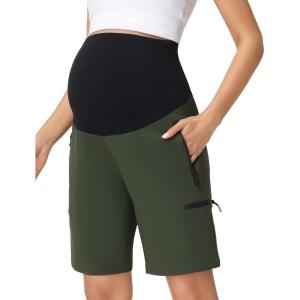 image:imageFoucome Womens Maternity Shorts Quick Dry Lightweight Pregnancy Athletic Workout Hiking Cargo Shorts with Zipper PocketsGreen
