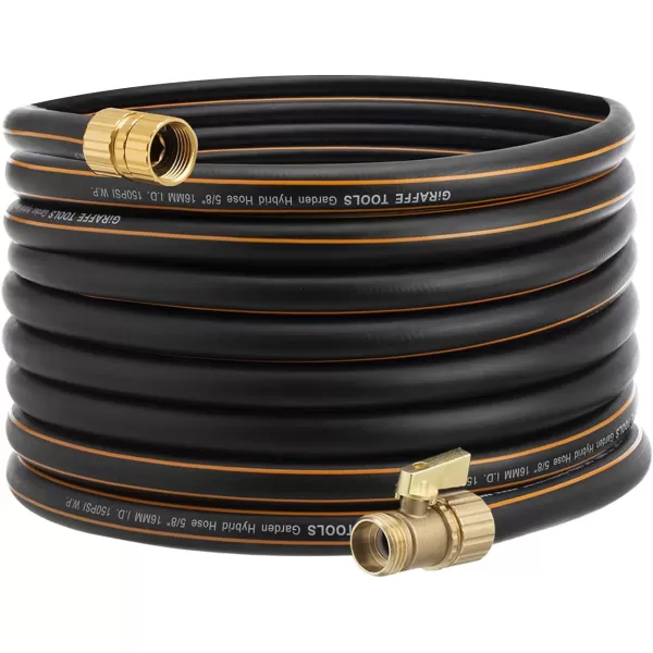 Giraffe Hybrid Garden Hose 5/8" x 50ft, Brass Male and Female Fittings with Shut off Valve, Flexible, Heavy Duty, Leakproof Water Hose