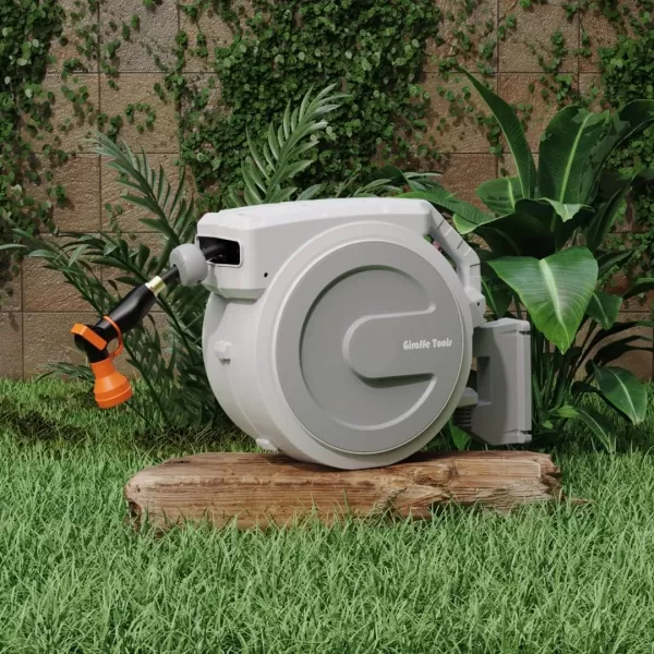 Giraffe Tools AW405/8QS Retractable Garden Hose Reel 5/8" x 90 ft Wall Mounted Water Hose Reel Heavy Duty, Automatic Rewind, 180 Deg Swivel, Any Length Lock, 90ft, Light Grey