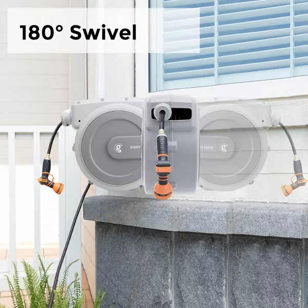 Giraffe Tools AW405/8QS Retractable Garden Hose Reel 5/8" x 90 ft Wall Mounted Water Hose Reel Heavy Duty, Automatic Rewind, 180 Deg Swivel, Any Length Lock, 90ft, Light Grey