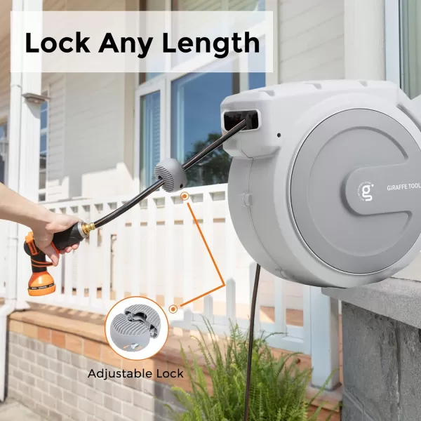 Giraffe Tools AW405/8QS Retractable Garden Hose Reel 5/8" x 90 ft Wall Mounted Water Hose Reel Heavy Duty, Automatic Rewind, 180 Deg Swivel, Any Length Lock, 90ft, Light Grey