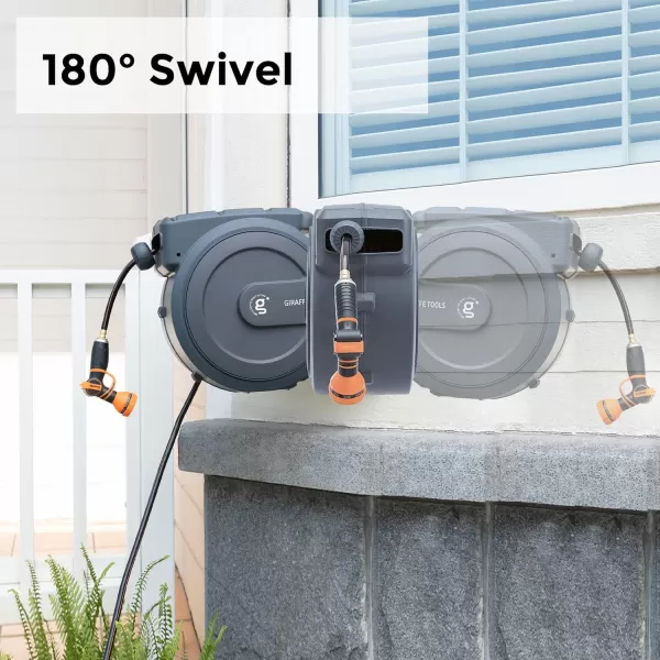 Giraffe Tools AW405/8QS Retractable Garden Hose Reel 5/8" x 90 ft Wall Mounted Water Hose Reel Heavy Duty, Automatic Rewind, 180 Deg Swivel, Any Length Lock, 90ft, Light Grey