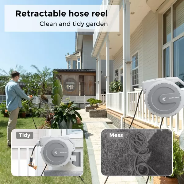 Giraffe Tools AW405/8QS Retractable Garden Hose Reel 5/8" x 90 ft Wall Mounted Water Hose Reel Heavy Duty, Automatic Rewind, 180 Deg Swivel, Any Length Lock, 90ft, Light Grey