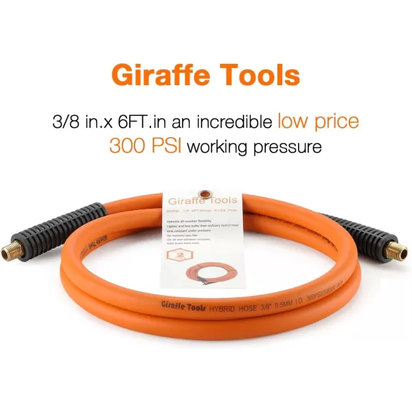 Giraffe Tools Hybrid Air Hose, 3/8 inch x 25 ft, 1/4 in. MNPT Fittings, 300 PSI Heavy Duty, Lightweight Air Compressor Hosex6')