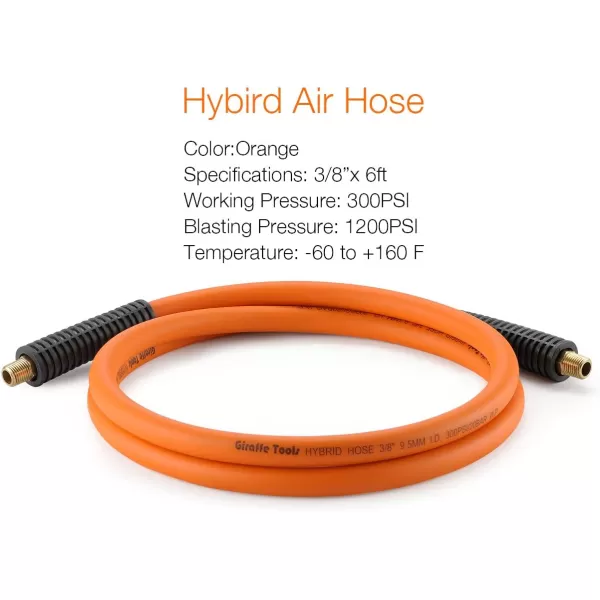 Giraffe Tools Hybrid Air Hose, 3/8 inch x 25 ft, 1/4 in. MNPT Fittings, 300 PSI Heavy Duty, Lightweight Air Compressor Hosex6')