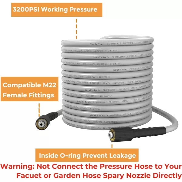 Giraffe Tools Pressure Washer Hose 1/4" 100FT, Kink Ressistant Flexible 3200 PSI Power Washing Replacement Hose with M22-14 Fittings