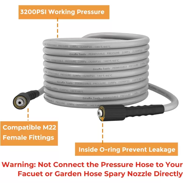 Giraffe Tools Pressure Washer Hose 1/4" 100FT, Kink Ressistant Flexible 3200 PSI Power Washing Replacement Hose with M22-14 Fittings