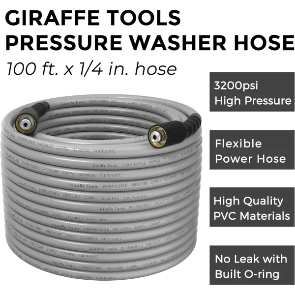 Giraffe Tools Pressure Washer Hose 1/4" 100FT, Kink Ressistant Flexible 3200 PSI Power Washing Replacement Hose with M22-14 Fittings