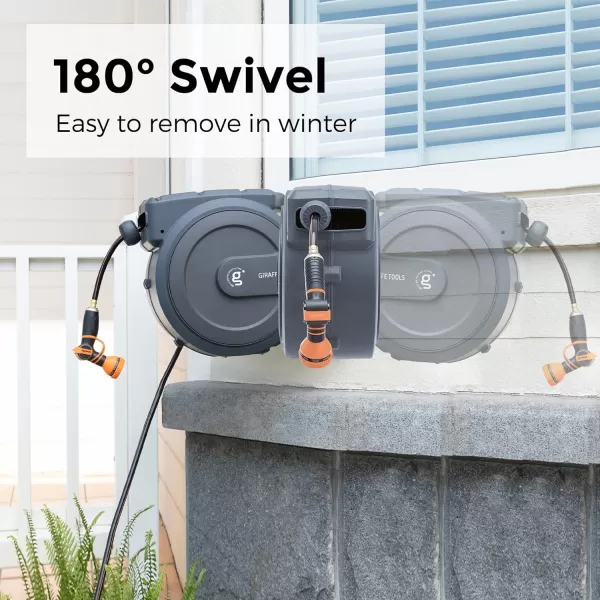 Giraffe Tools Retractable Garden Hose Reel 1/2 Inch x 130 ft, Super Heavy Duty, Any Length Lock, Slow Return System, Wall Mounted and 180 Deg Swivel Bracket