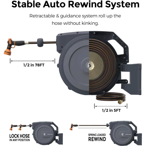 Giraffe Tools Retractable Garden Hose Reel 1/2 Inch x 130 ft, Super Heavy Duty, Any Length Lock, Slow Return System, Wall Mounted and 180 Deg Swivel Bracket