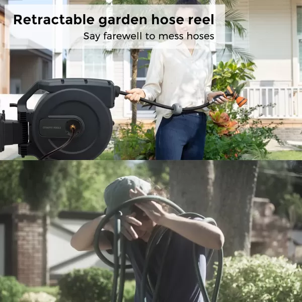 Giraffe Tools Retractable Garden Hose Reel 1/2 Inch x 130 ft, Super Heavy Duty, Any Length Lock, Slow Return System, Wall Mounted and 180 Deg Swivel Bracket