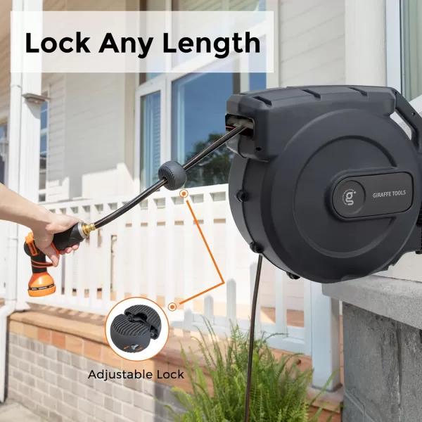 Giraffe Tools Retractable Garden Hose Reel 1/2 Inch x 130 ft, Super Heavy Duty, Any Length Lock, Slow Return System, Wall Mounted and 180 Deg Swivel Bracket