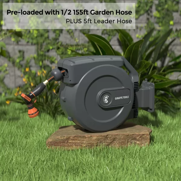 Giraffe Tools Retractable Garden Hose Reel 1/2 Inch x 130 ft, Super Heavy Duty, Any Length Lock, Slow Return System, Wall Mounted and 180 Deg Swivel Bracket