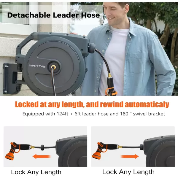 Giraffe Tools Retractable Garden Hose Reel 1/2 Inch x 130 ft, Super Heavy Duty, Any Length Lock, Slow Return System, Wall Mounted and 180 Deg Swivel Bracket