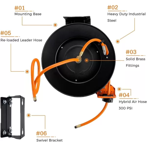 Giraffe Tools TA15 Retractable Air Compressor Hose Reel Swivel 3/8" x 50 ft Hybrid Hose, Ceiling/Wall Mounted Heavy Duty Industrial Commercial Reel, 300PSI, 50ft, Tangelo