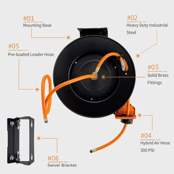 Giraffe Tools TA15 Retractable Air Compressor Hose Reel Swivel 3/8" x 50 ft Hybrid Hose, Ceiling/Wall Mounted Heavy Duty Industrial Commercial Reel, 300PSI, 50ft, Tangelo