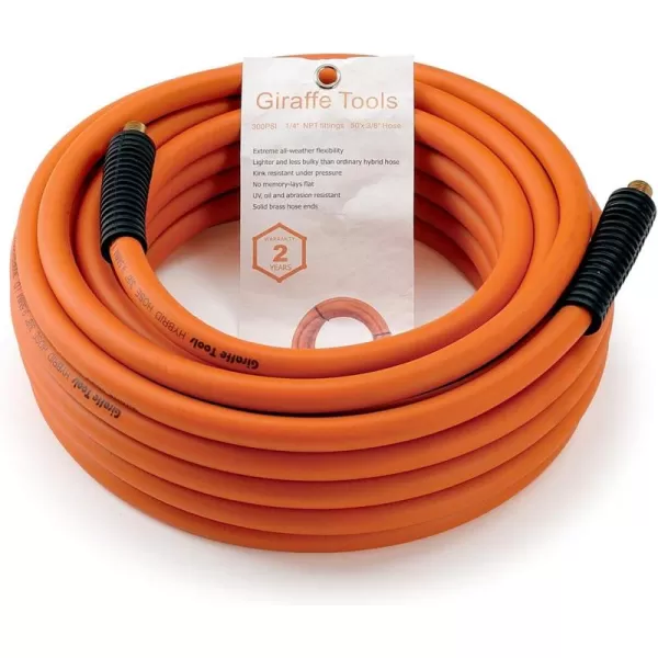 Giraffe Tools Hybrid Air Hose, 3/8 inch x 25 ft, 1/4 in. MNPT Fittings, 300 PSI Heavy Duty, Lightweight Air Compressor Hose