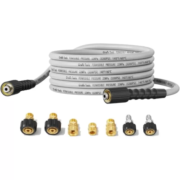 Giraffe Tools Pressure Washer Hose 25FT X 1/4", 3200 PSI Pressure Washing Hose, Kink Resistant, Heavy Duty Power Washer Hose, M22 to 3/8" Quick Connect Couplers for Replacement, 7 Accessories