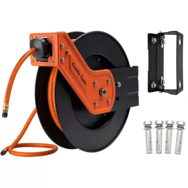 Giraffe Tools TA15 Retractable Air Compressor Hose Reel Swivel 3/8" x 50 ft Hybrid Hose, Ceiling/Wall Mounted Heavy Duty Industrial Commercial Reel, 300PSI, 50ft, Tangelo