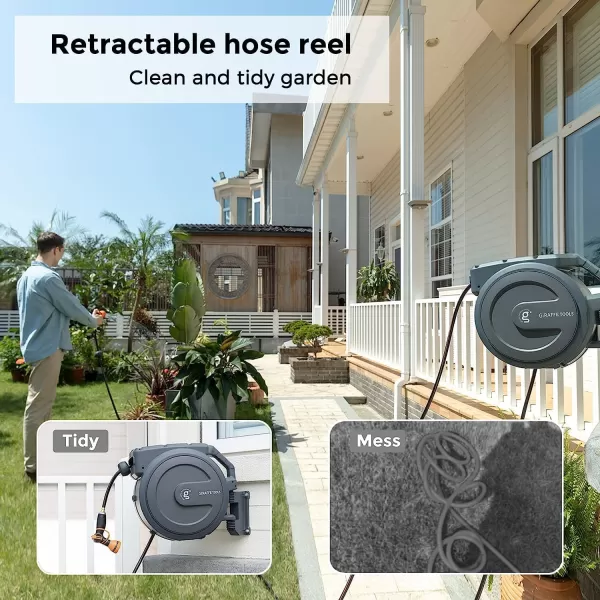 Giraffe Tools 130FT Retractable Garden Hose Reel Heavy Duty Wall Mounted Hose Reel with Detachab Leader Hose, 9 Pattern Nozzle, 180° Swivel Bracket, Any Length Lock, AW401/2QS 130ft, Light Grey