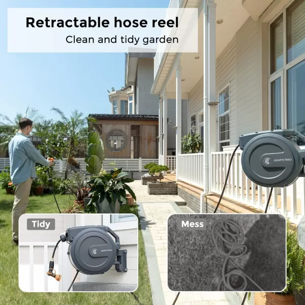 Giraffe Tools 130FT Retractable Garden Hose Reel Heavy Duty Wall Mounted Hose Reel with Detachab Leader Hose, 9 Pattern Nozzle, 180° Swivel Bracket, Any Length Lock, AW401/2QS 130ft, Light Grey