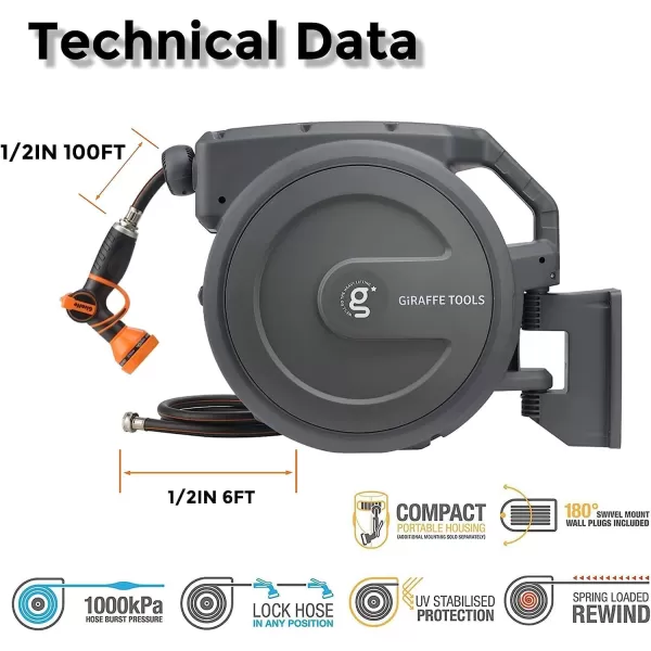 Giraffe Tools 130FT Retractable Garden Hose Reel Heavy Duty Wall Mounted Hose Reel with Detachab Leader Hose, 9 Pattern Nozzle, 180° Swivel Bracket, Any Length Lock, AW401/2QS 130ft, Light Grey