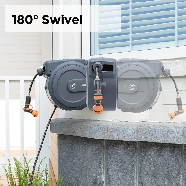 Giraffe Tools 130FT Retractable Garden Hose Reel Heavy Duty Wall Mounted Hose Reel with Detachab Leader Hose, 9 Pattern Nozzle, 180° Swivel Bracket, Any Length Lock, AW401/2QS 130ft, Light Grey