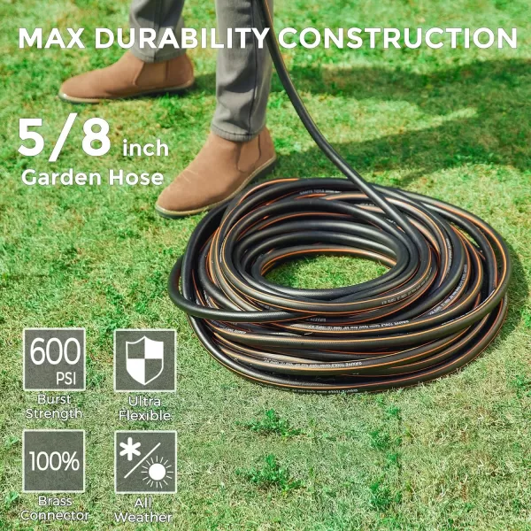 Giraffe Tools Garden Hose 25 ft, Heavy Duty Black Garden Hose 5/8 in., Rubber Water Hose, No-Kink, Leakroof Gardening Hose with Male to Female Fittings, Black and Orange