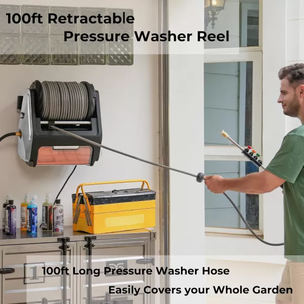 Giraffe Tools Grandfalls Pressure Washer Plus+, Electric Wall Mounted Pressure Washer, Power Washer with 100FT Replaceable Retractable Reel, Wall Hanging Pressure Washer, Silver Case