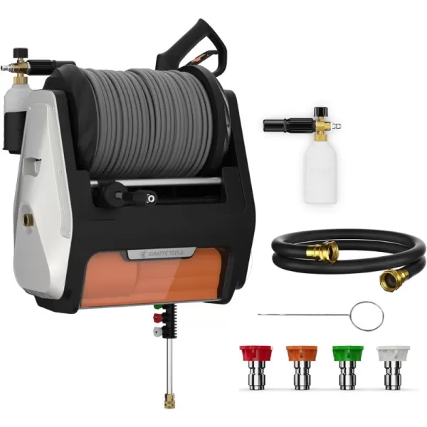 Giraffe Tools Grandfalls Pressure Washer Plus+, Electric Wall Mounted Pressure Washer, Power Washer with 100FT Replaceable Retractable Reel, Wall Hanging Pressure Washer, Silver Case