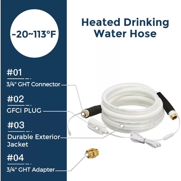 Giraffe Tools 50FT Heated Water Hose for RV Drinking with GFCI &amp; Energy Saving Thermostat, 5/8-Inches Lead and BPA Free Heated Garden Hose Withstand Down to -20℉