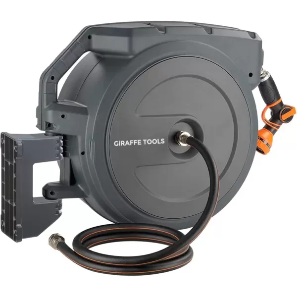 Giraffe Tools AW405/8MB Retractable Garden Hose Reel 5/8" x 90 ft PRO Metal Bracket, Heavy Duty, Any Length Lock Hose Reel, 90ft, Dark Grey