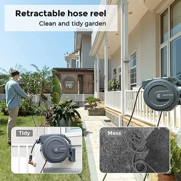 Giraffe Tools AW405/8MB Retractable Garden Hose Reel 5/8" x 90 ft PRO Metal Bracket, Heavy Duty, Any Length Lock Hose Reel, 90ft, Dark Grey