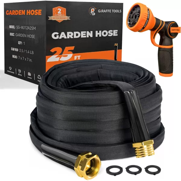 Giraffe Tools Garden Hose 25FT x 5/8” Lightweight Lay Flat Water Hose Kink Free Flexible Hose with 9 Spray Function Nozzle（Black）