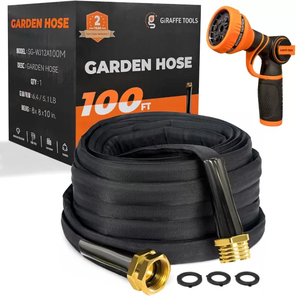 Giraffe Tools Garden Hose 25FT x 5/8” Lightweight Lay Flat Water Hose Kink Free Flexible Hose with 9 Spray Function Nozzle（Black）