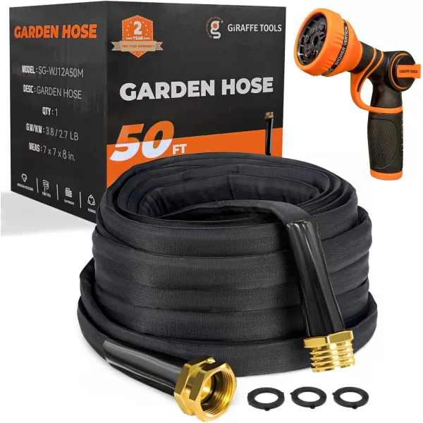 Giraffe Tools Garden Hose 25FT x 5/8” Lightweight Lay Flat Water Hose Kink Free Flexible Hose with 9 Spray Function Nozzle（Black）