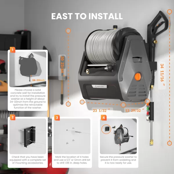 Giraffe Tools Grandfalls Pressure Washer, Electric Wall Mount Power Washer with 100FT Replaceable Pressure Hose, 2400 PSI, 2.0GPM, Foam Cannon, 4-Nozzles for Cars/Patios/Driveways/Patios, Dark Silver