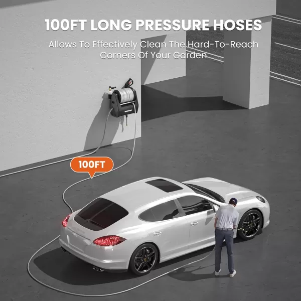 Giraffe Tools Grandfalls Pressure Washer, Electric Wall Mount Power Washer with 100FT Replaceable Pressure Hose, 2400 PSI, 2.0GPM, Foam Cannon, 4-Nozzles for Cars/Patios/Driveways/Patios, Dark Silver