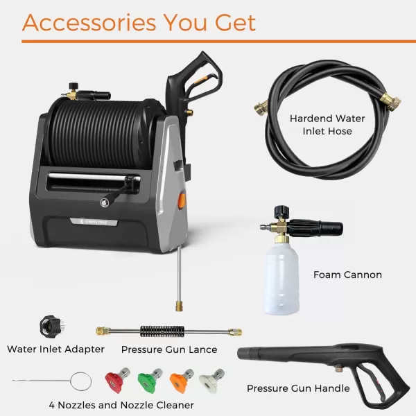 Giraffe Tools Grandfalls Pressure Washer, Electric Wall Mounted Power Washer with 100FT Retractable Hose, Soap Tank and 4-Nozzle Set, Dark Silver