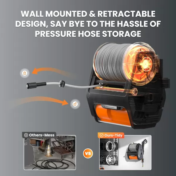 Giraffe Tools Grandfalls Pressure Washer, Electric Wall Mounted Power Washer with 100FT Retractable Hose, Soap Tank and 4-Nozzle Set, Dark Silver