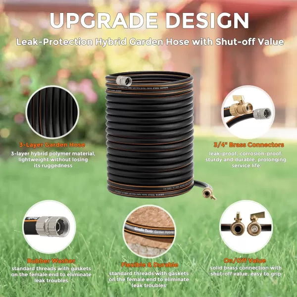 Giraffe Tools Hybrid Garden Hose 100ft, 5/8" Water Hose with Shut off Valve, Heavy Duty, Flexible, Leakproof Black Garden Hose with Male and Female Fittings in Outside Garden, Yard