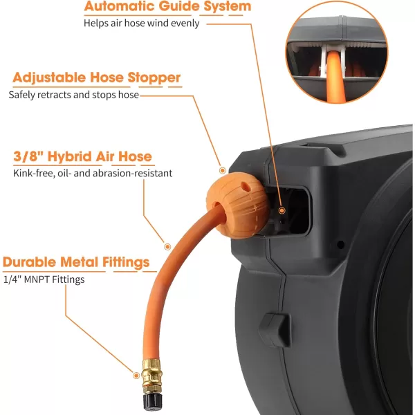 Giraffe Tools Retractable Air Hose Reel Enclosed with 3/8 in. x 50 ft Hybrid Hose, Lightweight Compressor Hose Reel Wall Mounted with 180° Swivel Bracket, 300 PSI