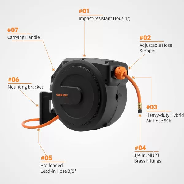 Giraffe Tools Retractable Air Hose Reel Enclosed with 3/8 in. x 50 ft Hybrid Hose, Lightweight Compressor Hose Reel Wall Mounted with 180° Swivel Bracket, 300 PSI