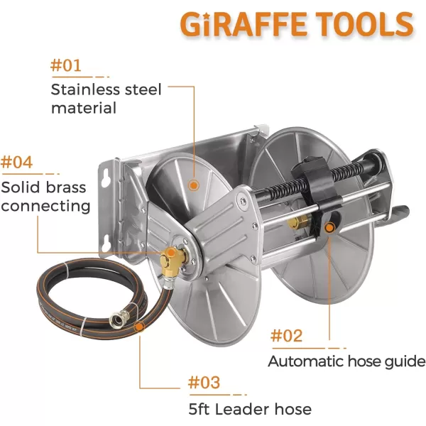 Giraffe Tools Stainless Steel Garden Hose Reel Heavy Duty, Wall/Floor Mounted Metal Water Hose Reel Retractable with Crank, 150-Feet 5/8" Hose Capacity