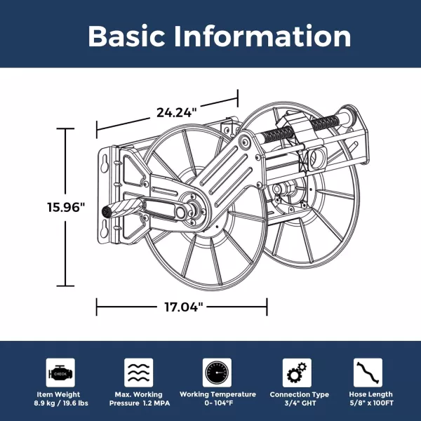 Giraffe Tools Stainless Steel Garden Hose Reel Heavy Duty, Wall/Floor Mounted Metal Water Hose Reel Retractable with Crank, 150-Feet 5/8" Hose Capacity